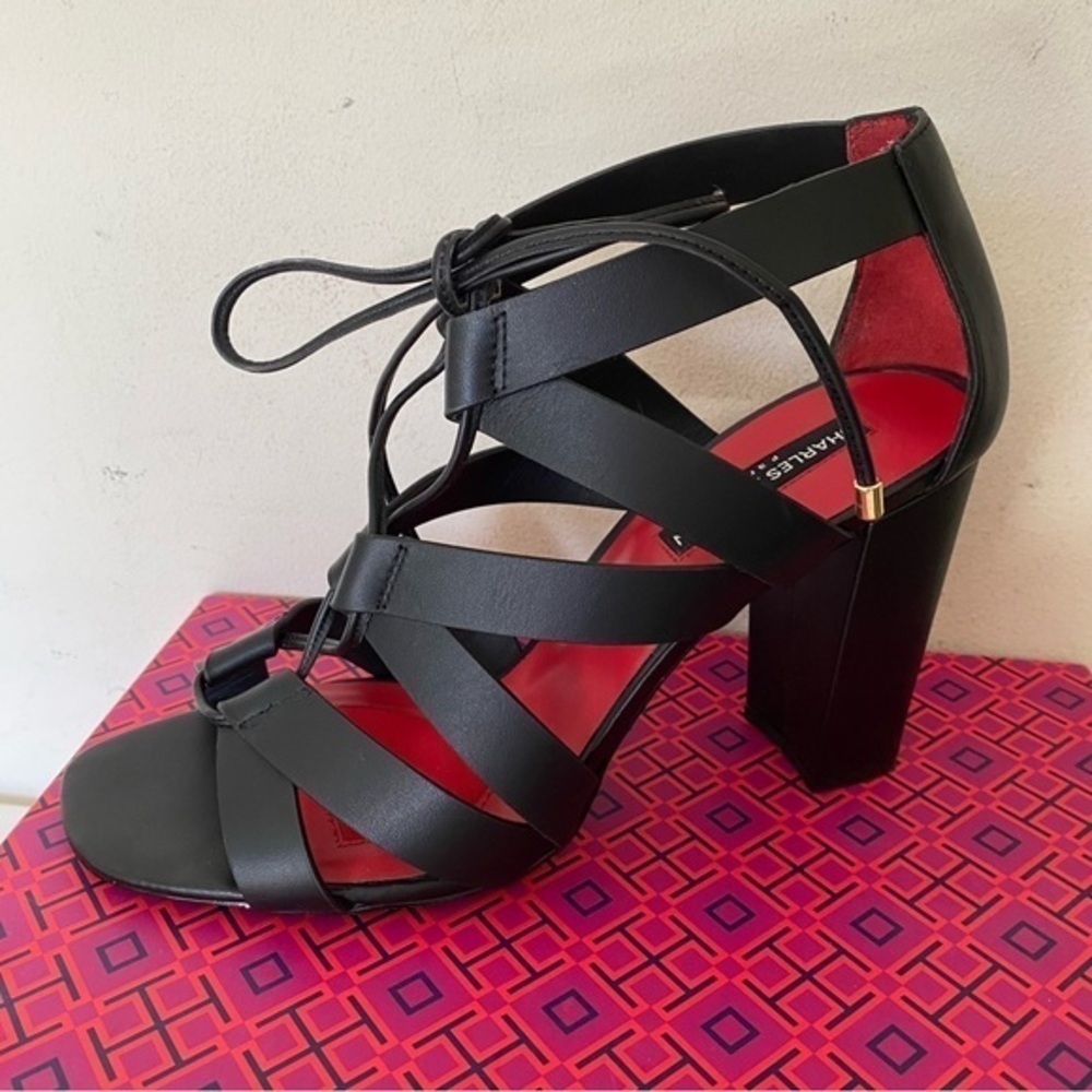Charles Jourdan Black Leather Lace Up Wrap Detail Block Heels Sandals 10